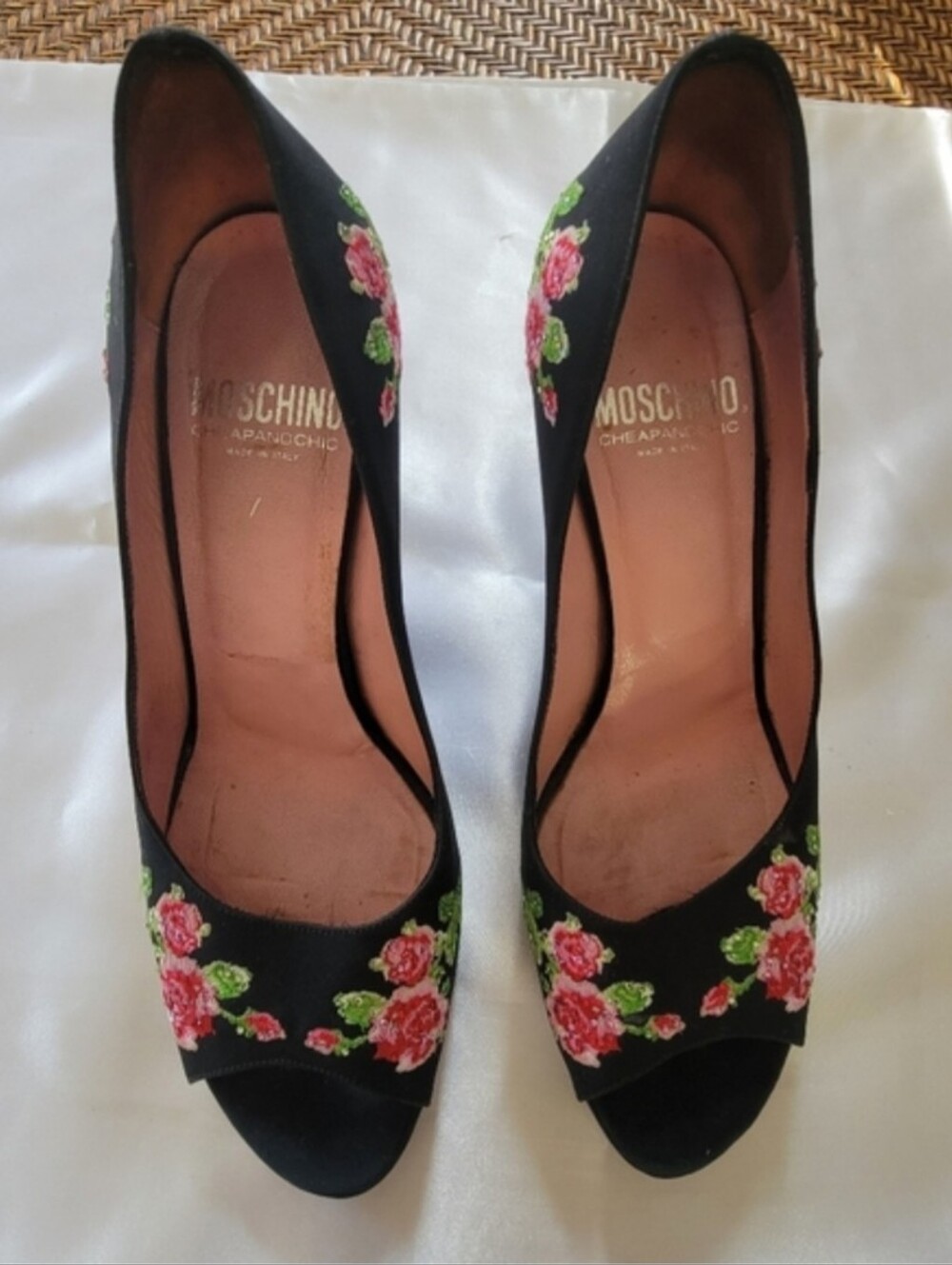 Moschino Black Crepe Peep Toe Pumps With Embroidered Flower Detail